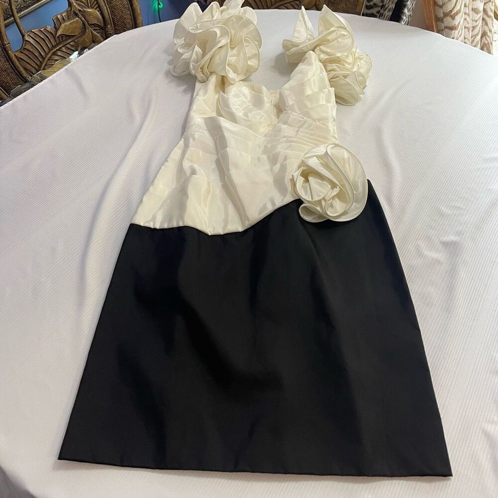 Tadashi Shoji Ivory and Black Midi Dress with Floral Accent
